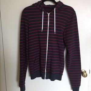 American apparel navy and red stripe fleece hoodie